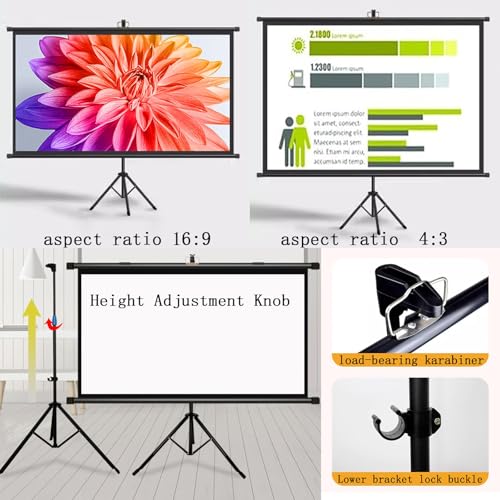 Pantalla de proyección portátil de 60 pulgadas 4:3/16:9 con trípode plegable, pantalla HD 4K ajustable para interiores y exteriores miniatura 3