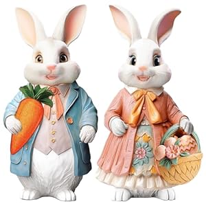 2 Pcs Easter Bunny Decorations Resin Bunny Figurines with Carrot Flower and Egg Spring Bunny Decor Handmade Couple Rabbit Statues for Home Table Centerpiece Tabletop Lawn Birthday Party Gifts