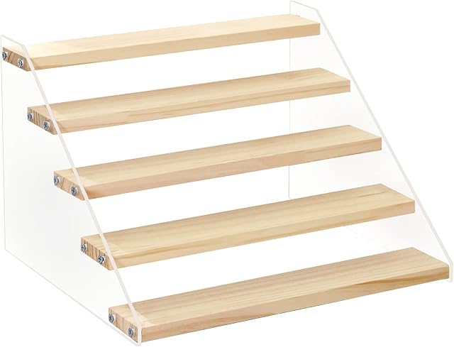 5 Tier Wood Display Stand for Pop Figures, LINYAPRY Clear Acrylic Display Riser Shelf for Vendors Amiibo Funko Cupcakes Perfumes Candies Cosmetics Decoration and Organizer
