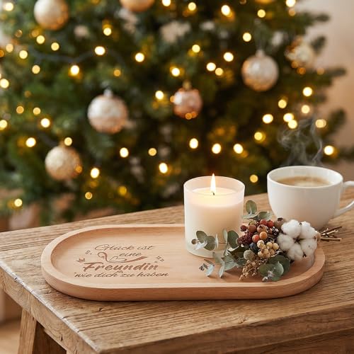 Geschenk Freundin Holztablett Set Mit Grußkarte, Kerze Freundin, Deko Geschenke Für Frauen, Holztablett Deko, Ausgefallene und Persönliche Geschenke