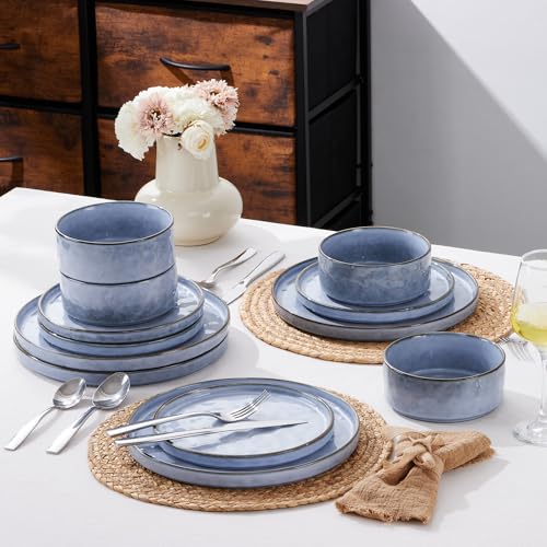 Herogo Set di stoviglie da 12 pezzi, in gres porcellanato, per 4 persone, piatti e ciotole in smalto reattivo, adatto al microonde e alla lavastoviglie, resistente a scheggiature e graffi, blu - immagine 5