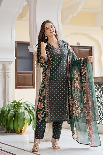 Image of MEERA FAB Women's Cotton Blend Straight Printed Kurta with Palazzo & Dupatta