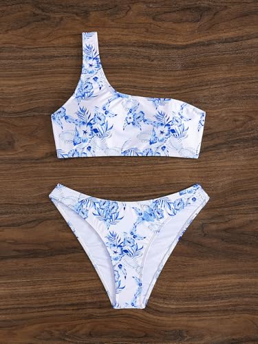 Image of YIMISAN Women's Ribbed Bikini Sets One Shoulder Top with Mid Waist Two Piece Bathing Suit