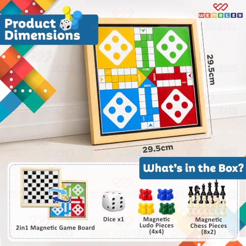 Image of Wembley 2 in 1 Magnetic Wooden Chess Board Set and Ludo Board Game, Magnetic Chess Set with Pieces, Ludo Game for Kids, Family Board Game for Boys and Girls