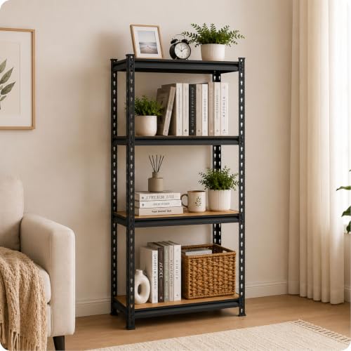 Image of TEKCOOL 4-Shelf Adjustable Boltless Metal Shelving Unit /60 x 24 x 12 Inch Metal Storage Rack with Wooden Planks /Standing Shelf Unit for Home /Garage /Office & Shop /Utility Display Rack (Black);