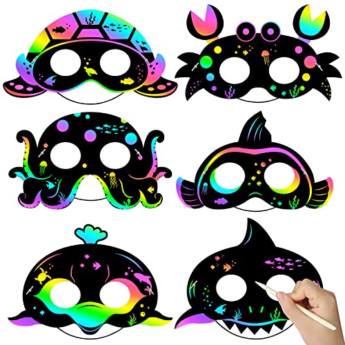 WATINC 30pcs Ocean Animals Scratch Masks for Kids, 6 Styles Summer Paper Scratch off Art Magic Craft Party Favors Kit, DIY Under The Sea Project for School Classroom Activity Birthday Party