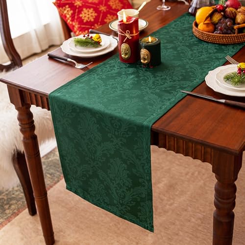 Joyfol Day Jacquard Christmas Green Table Runners, Waterproof Damask Floral Table Runner for Xmas Holiday Winter Festival Party Kitchen Dining Tabletop Decoration (14x108 Inch)