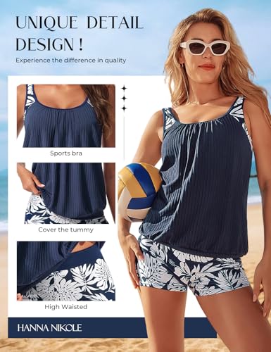 Hanna Nikole Tankini Badeanzug Für Frauen Sportliche Badeanzüge Modest Tank Top Mit Shorts Schwimmanzug Marineblaue und weiße Blumen L