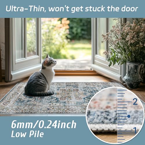 Madane Washable Area Rug 2x3, Small Entryway Rug Non-Slip Vintage Door Mat Indoor Entrance, Low Pile Floor Carpet for Inside Front Door Bedroom Kitchen Entry Laundry (2'x3', Navy)