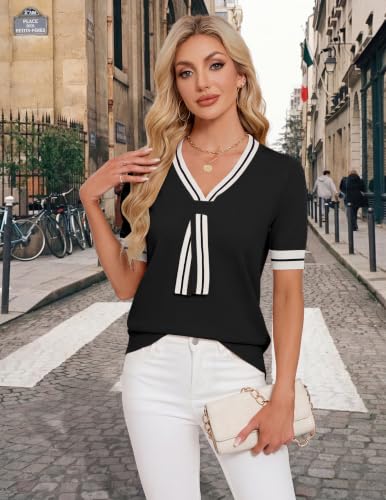 Image of Libsorge Womens Lightweight Cute Bow Tie Sweater Spring 2026 Business Casual Outfits V Neck Short Sleeve Tops