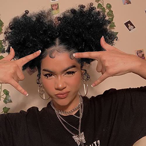 2 Packs Synthetic Afro Puff Drawstring Ponytail Short Curly Hair Extensions Fluffy Curly Hair Puff Bun Updo Hair Pieces Afro Donut Chignon Hairpieces Extensions (1B#)
