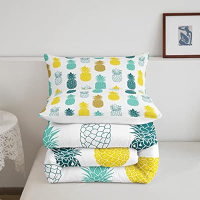 Pineapple Bedding Sets Tropical Fruit Print Comforter Teal Yellow Fresh Pineapple Quilt Set Full Size,for Children Boy Girl Teen Kids - Includes 1 Comforter, 2 Pillow Cases 51qfU+PH dL. SS400