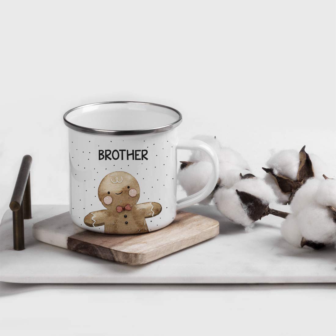 Andaz Press 11oz. Stainless Steel Campfire Coffee Mug Gag Gift, Watercolor Gingerbread Boy, Brother, 1-Pack, Enamel Metal Camping Cup Christmas Holiday Hot Chocolate Cup Present Ideas for Kids Him