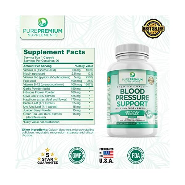 PurePremium Blood Pressure Support Supplement with Hawthorn, Hibiscus & Garlic Extract - Herbal Supplement, Vitamins & Herbs Support Normal Heart Health - 3 Months Supply - 90 Capsules