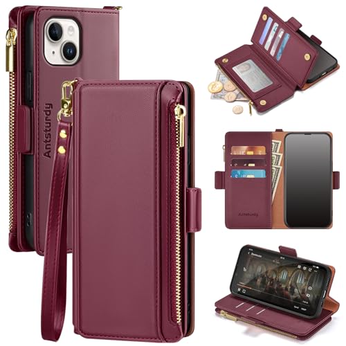 Antsturdy Compatible with iPhone 15 Plus Wallet Case,?RFID Blocking? PU Leather Phone Case Women Men with Card Holder Flip Cover Wrist Strap Zipper Credit Card Slots for Apple 15 Plus,Wine Red