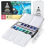 ARTEZA Watercolor Paint Set, 12 Ocean Tones Half Pans, Watercolor Set with Brush, Semi Moist Water Colors