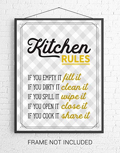 Retro Kitchen Rules Wall Art Print - Mustard Yellow/Gold, Gray, White - 8x10 UNFRAMED Funny Kitchen Print Perfect for Modern Farmhouse, Rustic, Vintage, Cottage, Country Decor.