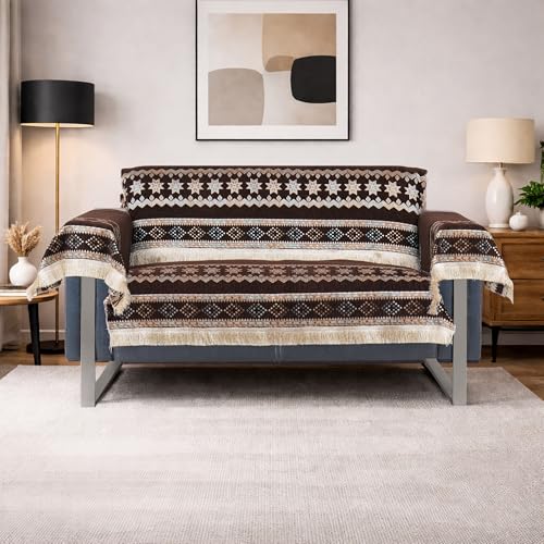 Image of Elegant Woven Brown Sofa Cover Soft Chenille Traditional Pattern with Lace Style | L-Shape Sectional Seat Protector for Living Room | Durable & Stylish Slipcover 2 Seater with Arms