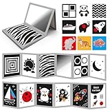 DFQiQiQinH Tummy Time Toys with Baby Mirror & 9 Black White Contrast Cards, High Contrast Baby Book,Newborn Toys 0-3 6 Months for Visual Stimulation, Brain Development, Tummy Time Essentials