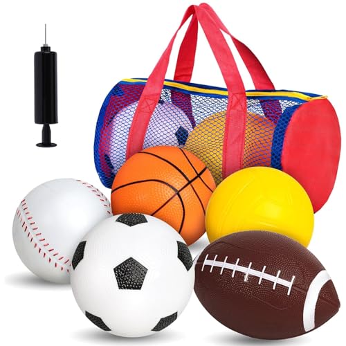 LovesTown Sports Balls for Kids, 5 Pack Inflatable Playground Balls Rubber Kickballs Dodgeballs with Duffle Bag, for Kids Toddlers Indoor Outdoor Toys