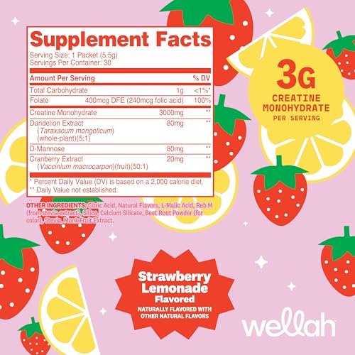 Image of Wellah Creatine for Women (Strawberry Lemonade) 30 Stick Packs - 3g of Creatine Monohydrate with Dandelion & Cranberry Extract, to-Go Packets