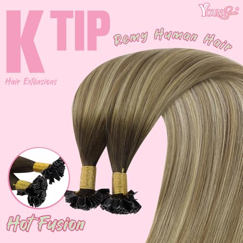 Image of YoungSee K Tip Hair Extensions Balayage Keratin Tip Hair Extensions Balayage 24 Inch Long Dark Brown Ombre Brown with Blonde 50s /50g