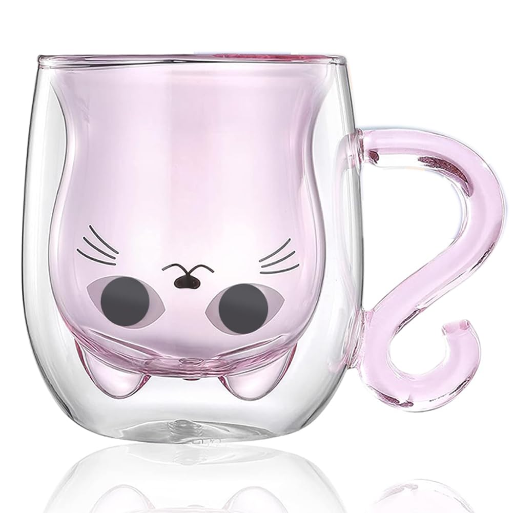 SOFOAERY Double Wall Glass Cute Cat-Shaped Coffee Tea Cup, Graduation Valentines Mothers Day Easter Halloween Christmas Gifts for Women Wife Mum Her Girl Teacher Friend, Birthday (C-p)