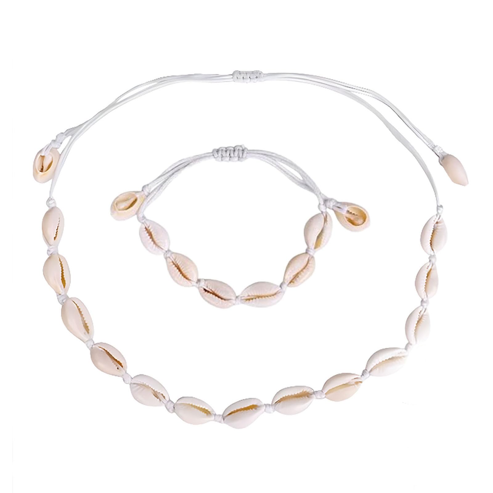 Vulevirtue Pulsera de Conchas,4pcs Collar de Conchas y Pulsera de Conchas Set,Naturales Collar de Concha,Collar Hecho A Mano De Playa De Hawaii Collar De Concha Ajustable para Mujer,Blanco