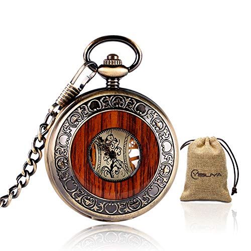 Vintage Bronze Wooden Mechanical Pocket Watch Roman Numerals Creative Carving Flower Dial Luxury Pendant (Bronze)