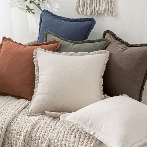 Image of MIULEE Decorative Throw Pillow Covers Neutral Linen Fringe Throw Pillows Set of 2 Natural Coffee Boho Farmhouse Cushion Covers with Tassels for Couch Sofa Bed Living Room Fall Decor 18x18 Inch