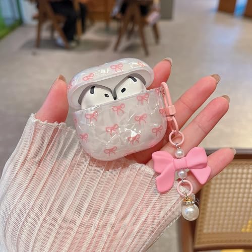 Image of MINSCOSE for Cute Glitter AirPods 4 Case,Shell Pattern Bow Ribbon Trendy Design with Bowknot Pearl Keychain,Protective Shockproof Cover for Apple Airpods iPod 4th Generation for Women Girl-Pink