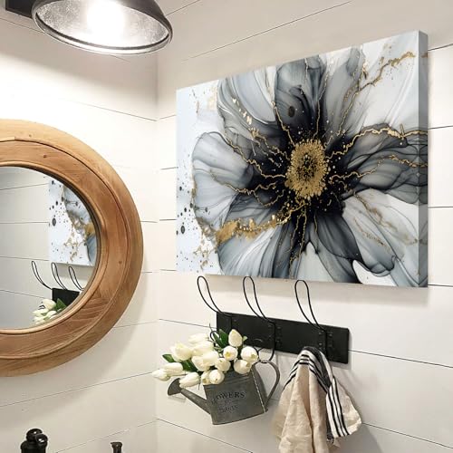 Image of Black and White Abstract Wall Art Flower Wall Decor for Bathroom Living Room, Modern Marble Picture Canvas Prints Painting Minimalist Watercolor Fluid Textured Poster Artwork Home Decorations 12x16 inch