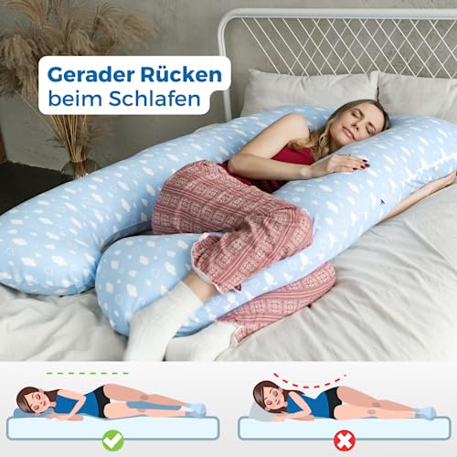 Cojín cómodo original – Almohada ortopédica premium | almohada corporal | almohada para dormir de lado – para un mejor sueño y contra las quejas de espalda, 100 x 150 cm (nubes – algodón)