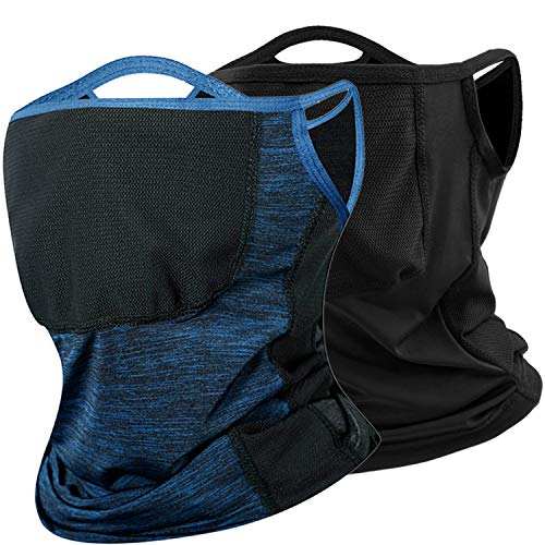 2 Pack Cooling Neck Gaiter Face Cover with Ear Loops Sun UV Breathable Bandana Face Scarf Mask Men Women Running Fishing（Black+Blue）