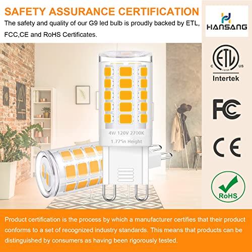 Hansang 12 Pack G9 Led Bulb 2700K Soft Warm White, 4W 40 Watt Halogen Equivalent G9 Light Bulbs, Height 1.77 Inch Short T4 G9 Bin-Pin Base Chandelier Light Bulbs, 400Lm, Ac 120V, Non-Dimmable #TOP1