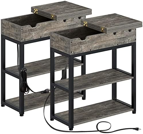 Rolanstar End Table with Charging Station, Narrow Nightstand, Flip Top Side Table with USB Ports and Storage Shelves, End Tables Living Room Set of 2 for Small Spaces, Bedroom (Grey)
