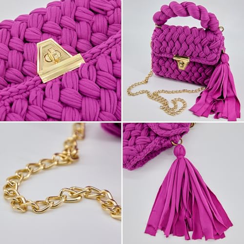 Handmade Pink Clutch Purses for Women, Crochet Crossbody Handbag for Wedding Beach, Evening Clutch Purses for Women with Tassels and Metal Chain3
