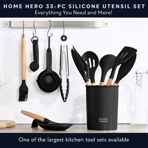 Image of Home Hero 33 Pcs Black Silicone Kitchen Cooking Utensils Set, Non-Stick Silicone Cooking Kitchen Utensils Spatula Set with Holder