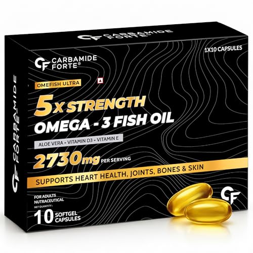 Image of Carbamide Forte 5X Strength Omega 3 Fish Oil Capsules 2730mg | Fish Oil Omega 3 Supplement to Support Overall Health & Skin With Added Aloevera, Vitamin D3, Vitamin E For Men & Women - 10 Softgels