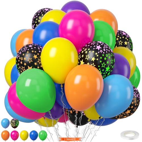 Neon Balloons 80s 90s Balloons 12 Inch Yellow Orange Hot Pink Purple Lime Green Blue Rainbow and Star Printed Latex Balloons for Neon Birthday Party Decorations 70s 80s 90s Glow Disco Party Decor