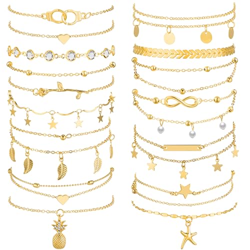 Hicarer 16 Pieces Ankle Bracelets 14K for Women Anklets Set Boho Beach Anklets Foot Chains Adjustable Foot Hand Jewelry Romantic Gift