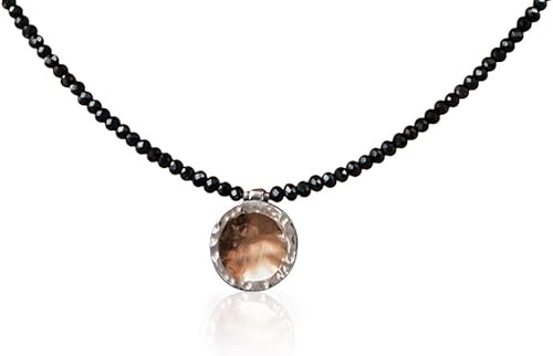 Two Tone Solid 9k Yellow Gold 925 Sterling Silver and Black Crystal Stone Beaded Pendant Necklace