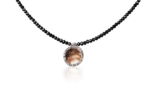 Two Tone Solid 9k Yellow Gold 925 Sterling Silver and Black Crystal Stone Beaded Pendant Necklace