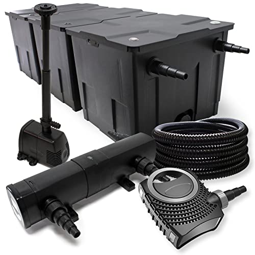 Wiltec Komplettset: CBF-350C Teichfilter bis 90000 L Teichfilteranlage, NEO10000 Teichpumpe 10000l/h 80W, CUV-218 Teichklärer 18W, 25m Teichschlauch 25 mm, HJ-943 Springbrunnen 800l/h 16W