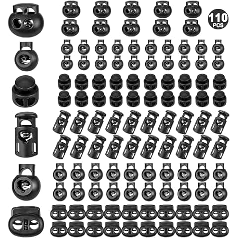 ZUSHALLMY 110pcs Upgraded Plastic Cord Lock,cord locks for drawstrings, draw string clip, spring toggle stopper fastener for Paracord, Clothing, shoelaces and bags(6 Sizes, Black) Cover