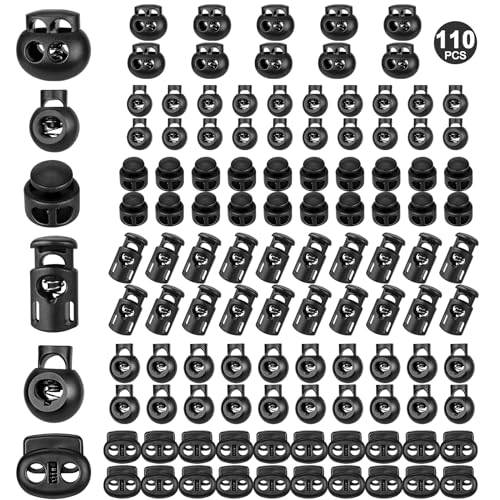 ZUSHALLMY 110pcs Upgraded Plastic Cord Lock Cord Locks for Drawstrings Draw String Clip Spring Toggle Stopper Fastener for Paracord Clothing Shoelaces and Bags(6 Sizes Black)