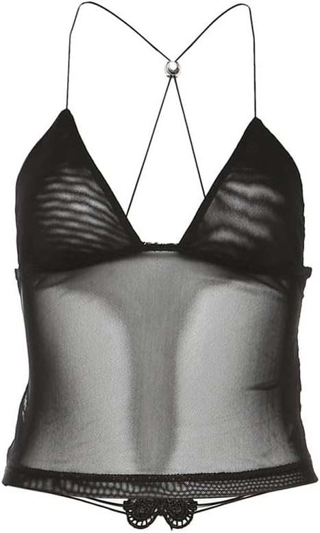 Women Mesh Spaghetti Strap Cami Tank Top Butterfly Backless Halter Top Sheer Y2K Camisole See Through Going Out Clubwear