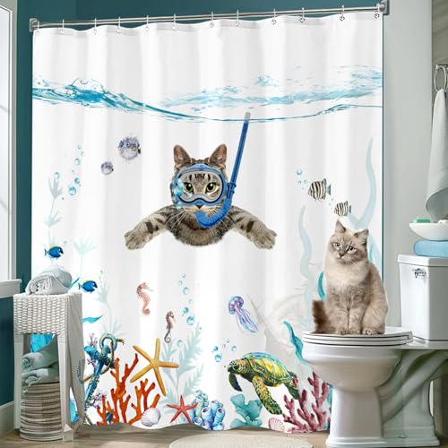 Fowocu Zabawny zestaw zasłon prysznicowych z kotem, turkusowy, morski, ocean, wodoodporna tkanina, zasłony prysznicowe ze zwierzęciem, ośmiornicą, rozgwiazdą, żółwem, kotwicą, rybą, morskim, dekoracja