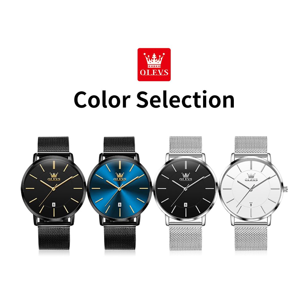 OLEVS Minimalistische Herren-Armbanduhr, ultradünn, modisch, lässig, analog, Quarz, Datum, wasserdicht, schmal, einfach, großes Zifferblatt, Armbanduhr mit Retro-Lederband für Herren