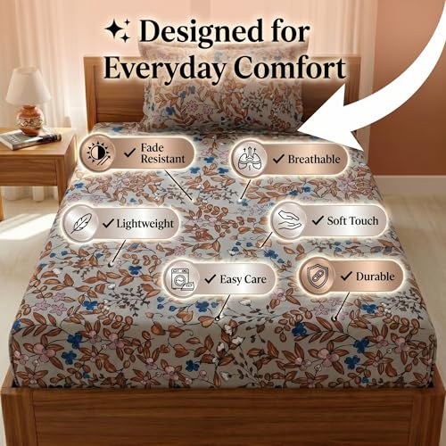 Image of Mafatlal 125 GSM Merino Single Size Bedsheet with Pillow Cover | 90 x 60 Inches | Soft, Breathable & Lightweight | Beige